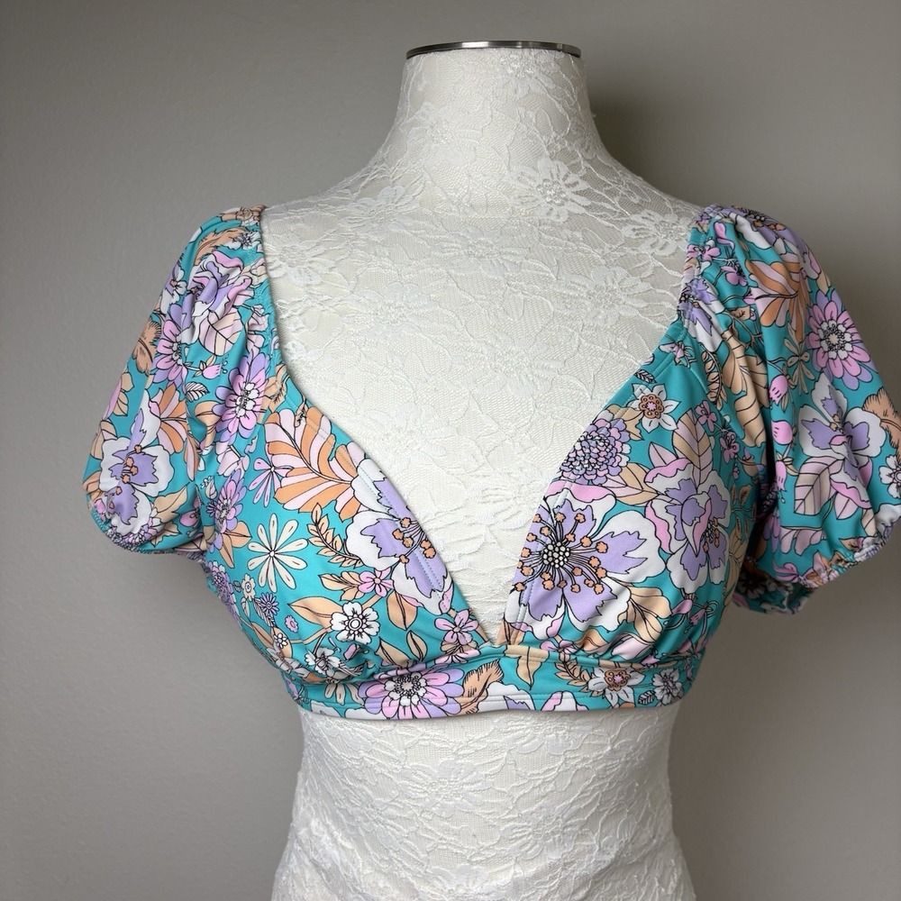 Ninety-Nine Women's XXL ~ Teal Floral Puff Sleeve Tie Back Bikini Top Swimsuit
